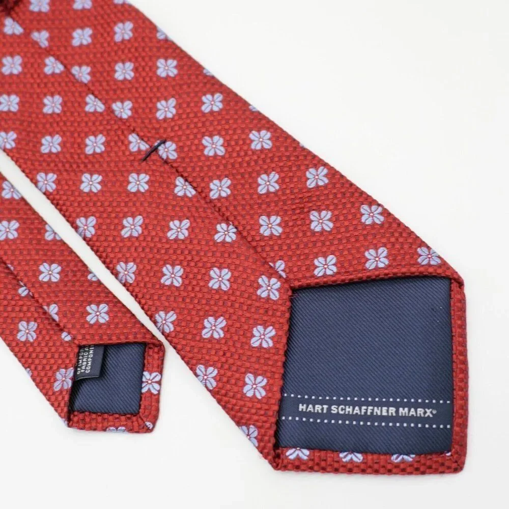 Hart Schaffner Marx Red Blue Floral‎ Geometric Woven Silk Tie